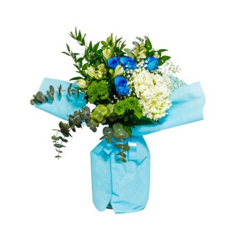Ανθοδέσμη με Ορτανσία, Μπλε Τριαντάφυλλα Γυψοφύλλη κ Πλούσιες Πρασινάδες